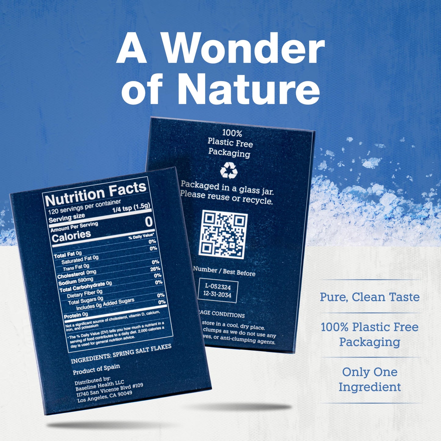 Vera Salt Flake Spring Salt – 180g Glass Jar – Gourmet Finishing Salt Flakes from Spain – Hand-Harvested White Crystals with Natural Minerals - Microplastic-Free Salt