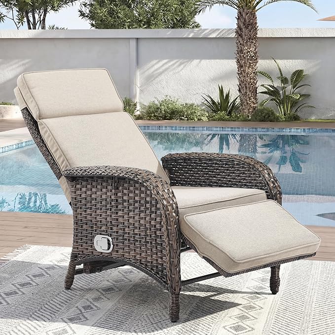 Zero Gravity Wicker Patio Recliner Chair - Wicker Outdoor Lounge Chair with Adjustable Backrest & Footrest, All Weather Outdoor Reclining Chairs with Thick Cushion for Pool Deck Beige