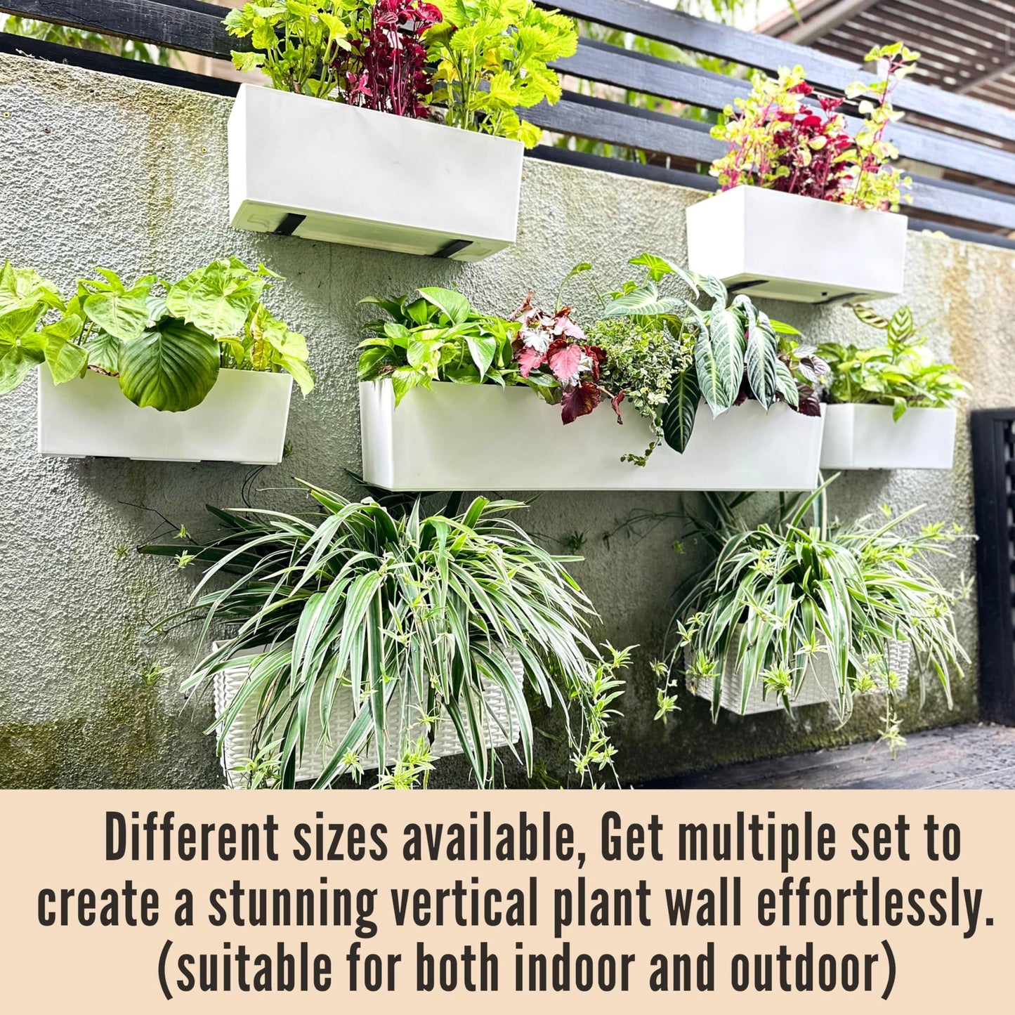 LaLaGreen Outdoor Wall Planters (14 Inch, 4 Pack) White Self-Watering Wall Mounted Flower Boxes, Rectangular Window Box Hanging Planters Plastic Containers Pot Indoor Herbs Modern Home Garden Decor