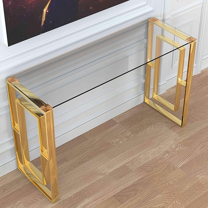 Cortesi Home Laila Console Table Stainless Steel Glass, 15.75" D x 47" W x