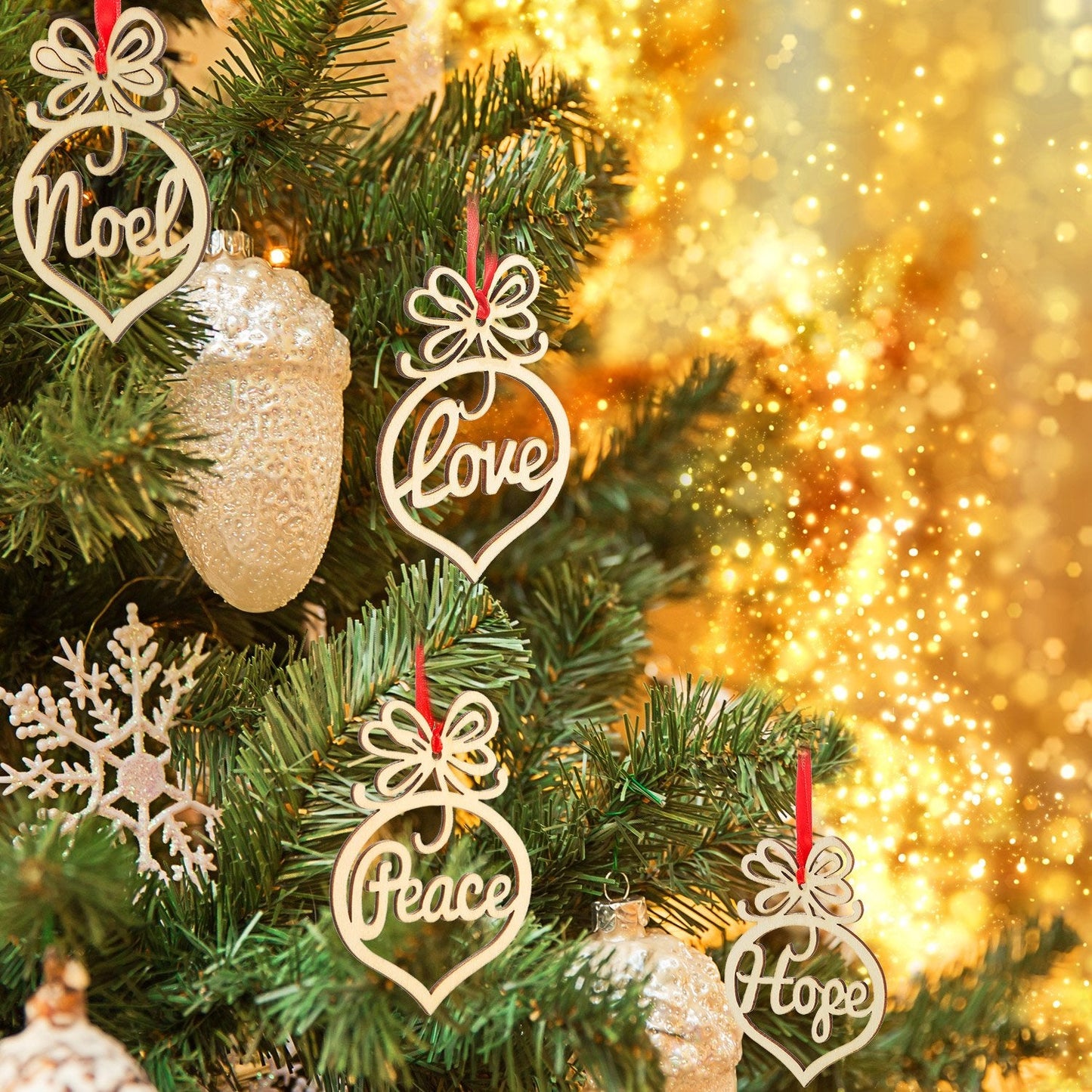 18 Pieces Christmas Wooden Hollow Ornament Tree Decorations Wooden Hollow Letter Religious Christmas Tree Hanging Pendant Decor Xmas Holiday Hanging Crafts