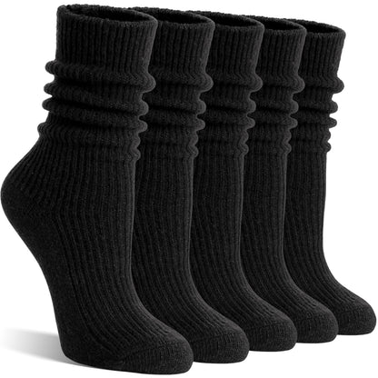 SAVALOS Women Black Merino Wool Slouchy Boot Socks Warm Winter Thermal Slouch Scrunch Cozy Knit Comfy Hiking Work Gifts Socks 5 Pairs Stocking Stuffers(Black,Medium)