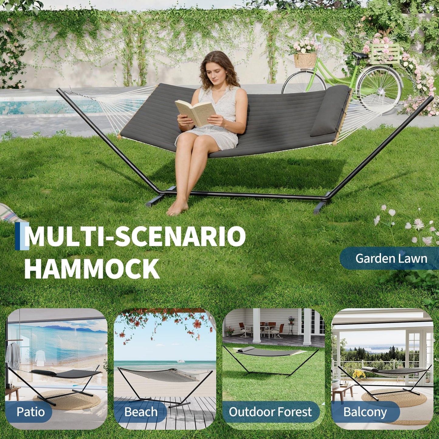 Heavy Duty 2 Person Double Hammock with Portable Adjustable Steel Stand, Outdoor Hammock with Pillow for Patio, Garden, Beach, Backyard Camping
