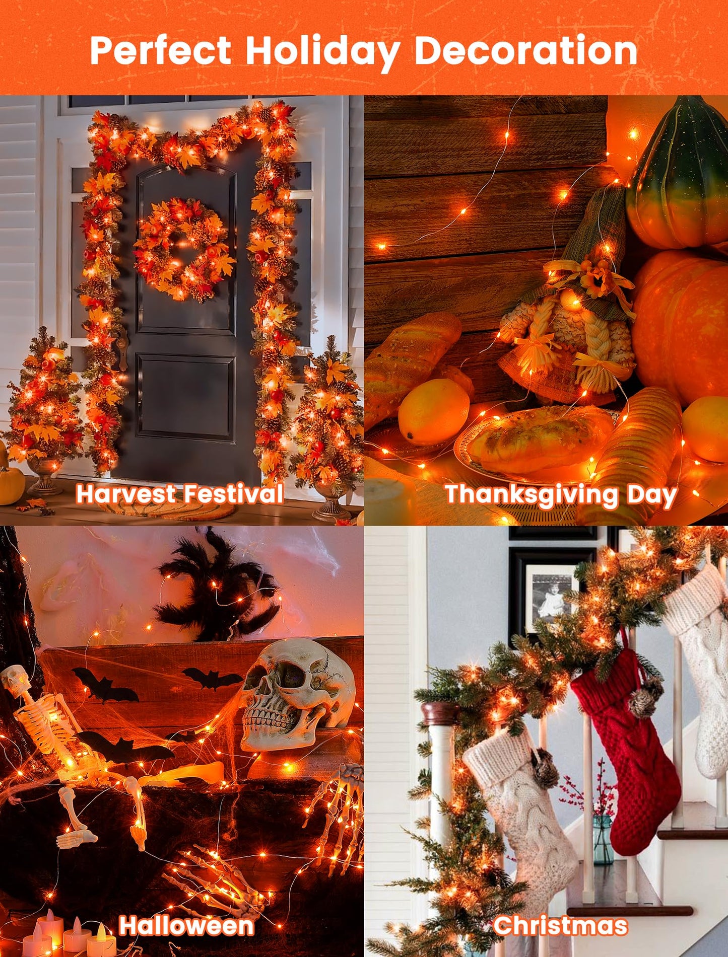 BEEWIN 2 Pack Orange Solar Fairy Lights Outdoor,Each 33ft 100 LED Solar Powered Halloween String Lights,Waterproof Copper Wire Twinkle Light for Thanksgiving Christmas Trees Party Yard Decor