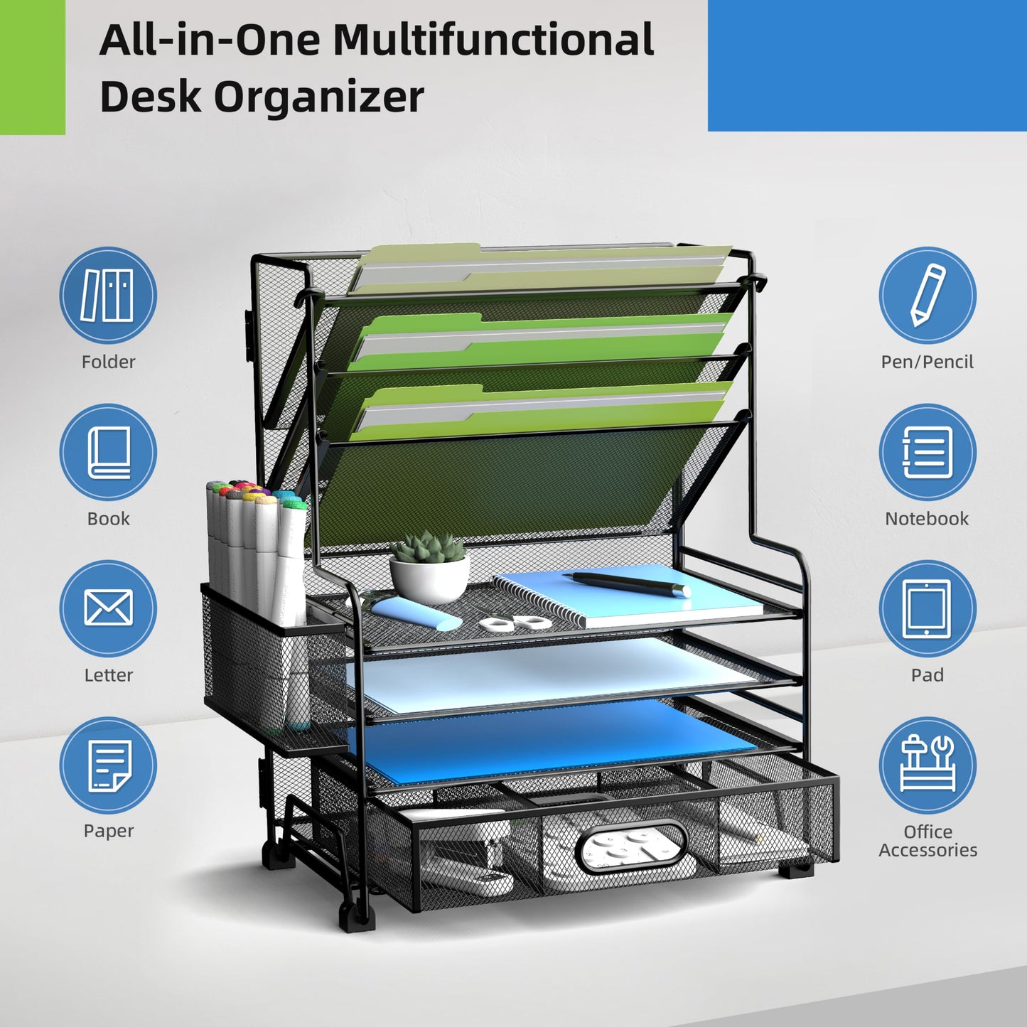 MINDEPOT 4-Tier Paper Organizer + 3-Pocket File Holder + Drawer + Pen Holders, Desktop File Organizers Paper Tray for Office Accessories School Classroom Organization (Black)