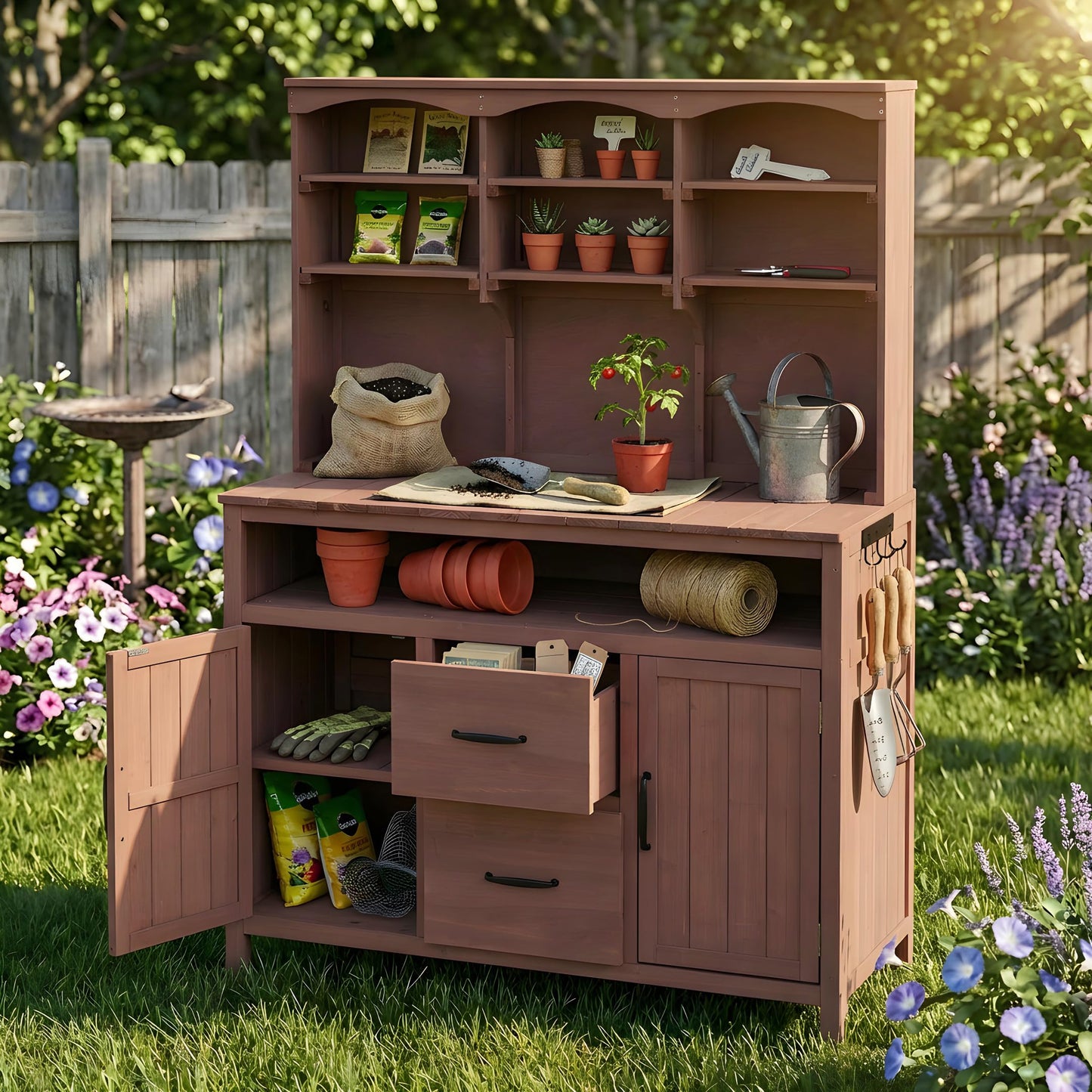 GDFStudio Junley Outdoor Storage Bench Table with Cabinet, Patio Wooden Potting Bench Plant Bench, Large Garden Storage Work Bench with Drawers, Cabinets, Hooks and Countertop, Kitchen Island, Brown