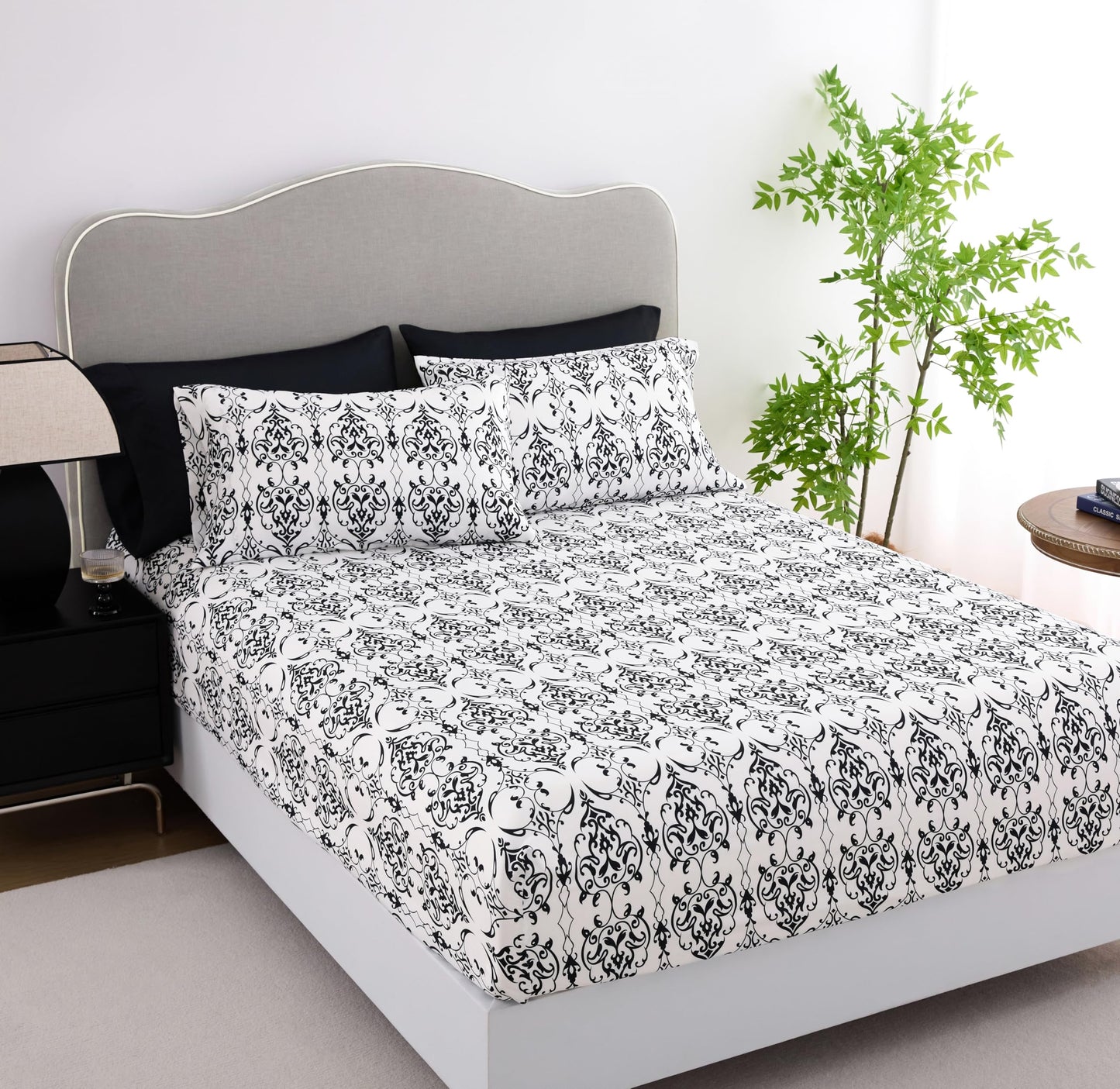Spirit Linen home 6-Piece Twin Size Bed Sheet Set - Deep Pocket, Scroll Pattern, Soft and Breathable Bed Sheets, Microfiber Material, Includes 1 Fitted, 1 Flat, 4 Pillowcases - Black/White Scroll