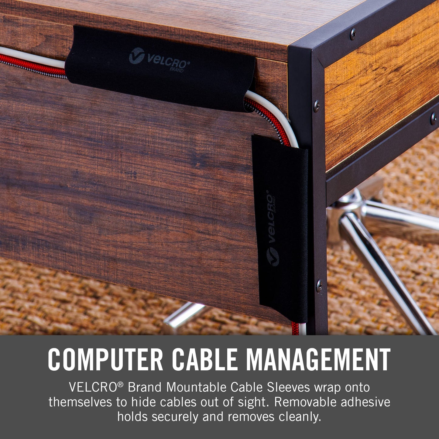 VELCRO Brand Mountable Cable Sleeve | Cord Management Mounts on Walls, Desk or Entertainment Center | Removable Adhesive is Damage Free | 8in Black, 2pk, 8in - 2Pk