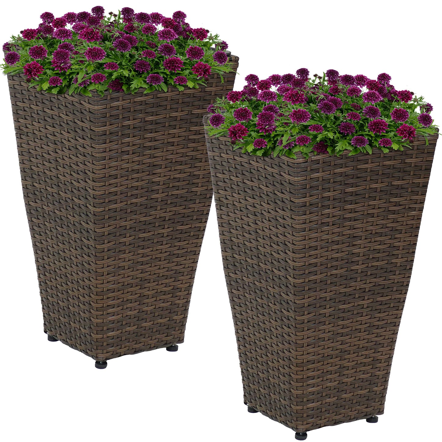 Sunnydaze Square Tall Wicker Outdoor Planter Set of 2 - Polyrattan Large Outdoor Planters for Porch, Patio or Garden - 20" Tall Plant Pots - Brown