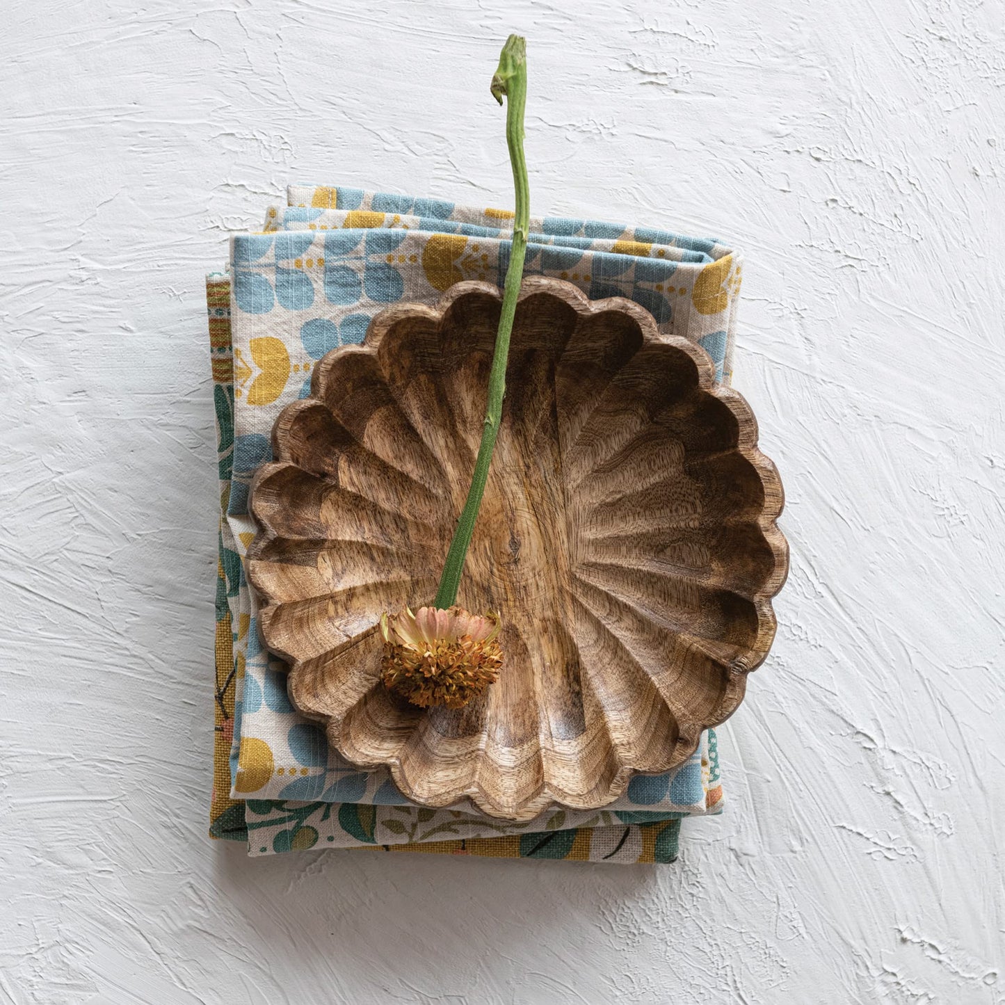 Boho Carved Wood Bowl with Scalloped Edge, Natural