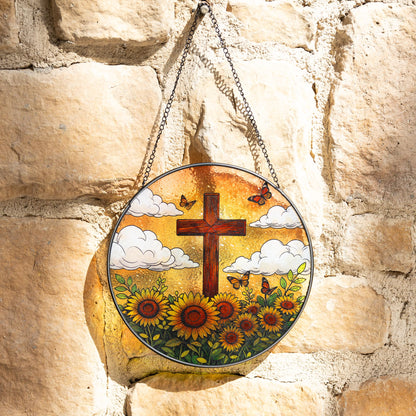 8 Inch Stained Glass Cross Suncatcher with Sunflower & Butterfly Christian Gifts for Women Religious Window Hanging Decor Unique Catholic Easter Birthday Gifts for Mom Grandma (Brown, Medium)