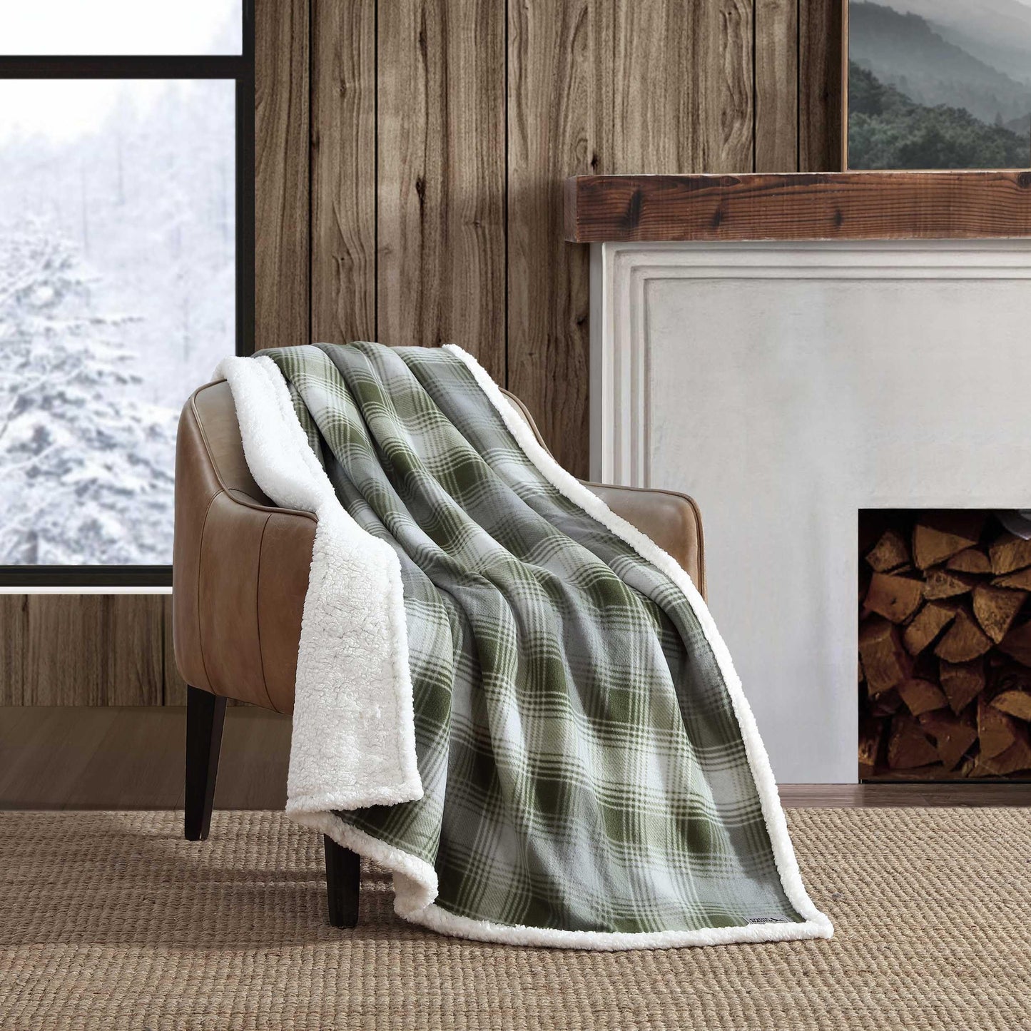 Eddie Bauer - Throw Blanket, Brushed Fleece & Plush Sherpa Soft Blanket, Throw Blanket for Couch & Bed (Nordic Plaid Green, 50" x 70")