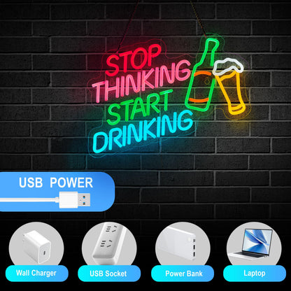 Stop Thinking Start Drinking Bar Neon Sign for Bar Sign Wall Décor with Dimmable Switch for Beer Pub LED Neon Signs Light Decor