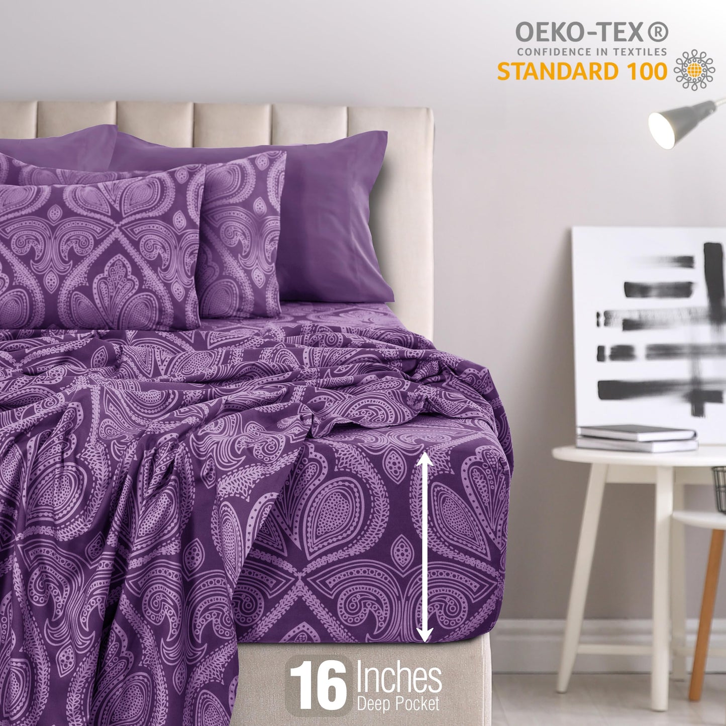 Ultra Soft Wrinkle-Free Microfiber Paisley King Sheet Set, Cute Floral Pattern Boho Print – 16" Deep Pocket Fitted Sheet, Flat Sheet & 4 Pillowcases, Breathable, OEKO-TEX - Purple