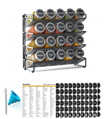 SpaceAid Spice Rack Organizer with 28 Spice Jars, 386 Spice Labels, Chalk Marker and Funnel Set for Cabinet, Countertop, Pantry, Cupboard or Door & Wall Mount - 28 Jars, 13.4" W × 10.8" H, Black