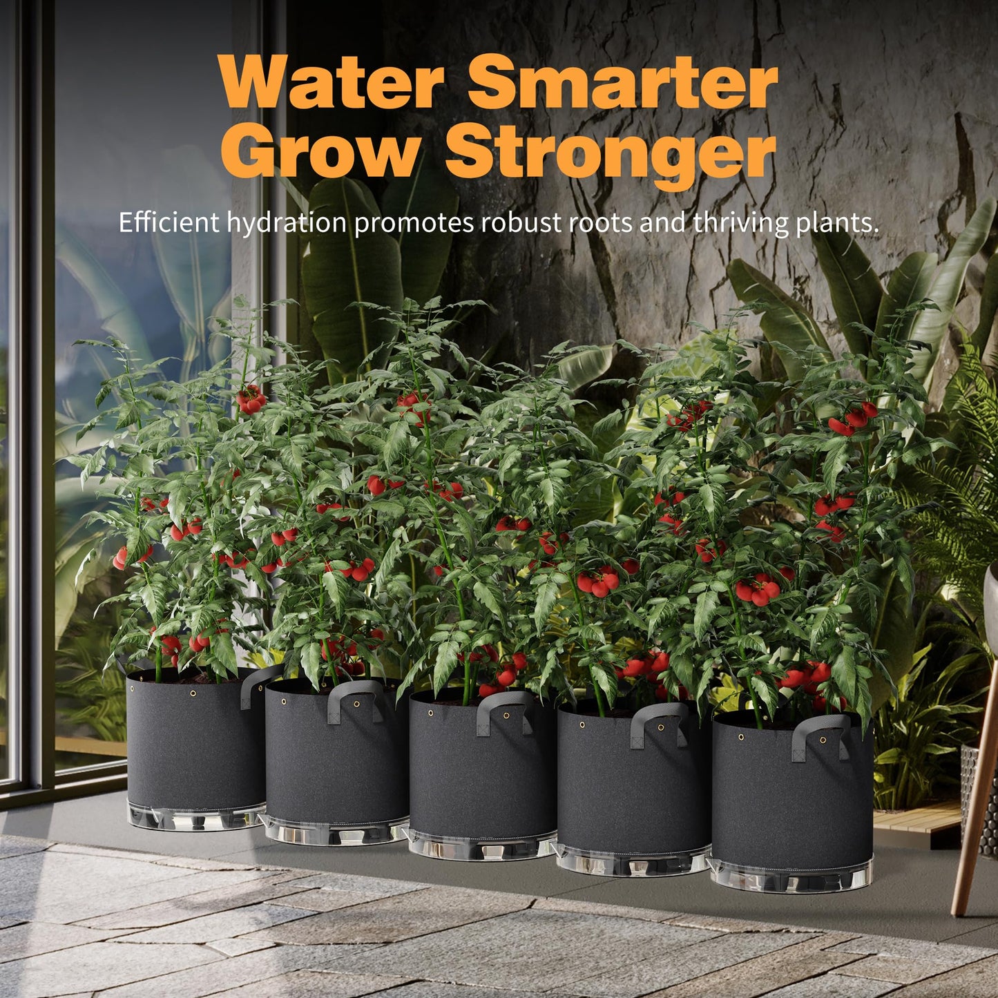 Patigrow Self-Watering Grow Bags, 5-Pack 5 Gallon 420G Thick Nonwoven Fabric Pots with Reinforced Handles and Multi-Purpose Rings, for Low Stress Plant Training Fruits, Vegetables,and Flowers