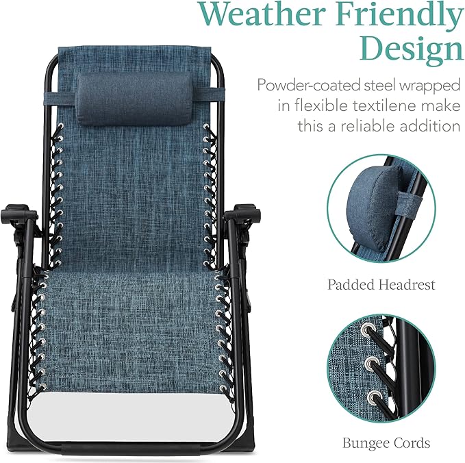 Best Choice Products Oversized Zero Gravity Chair, Folding Outdoor Patio Recliner, XL Anti Gravity Lounger w/Removable Cushion, Cup Holder, Side Tray, 350lb Capacity - Graphite Blue
