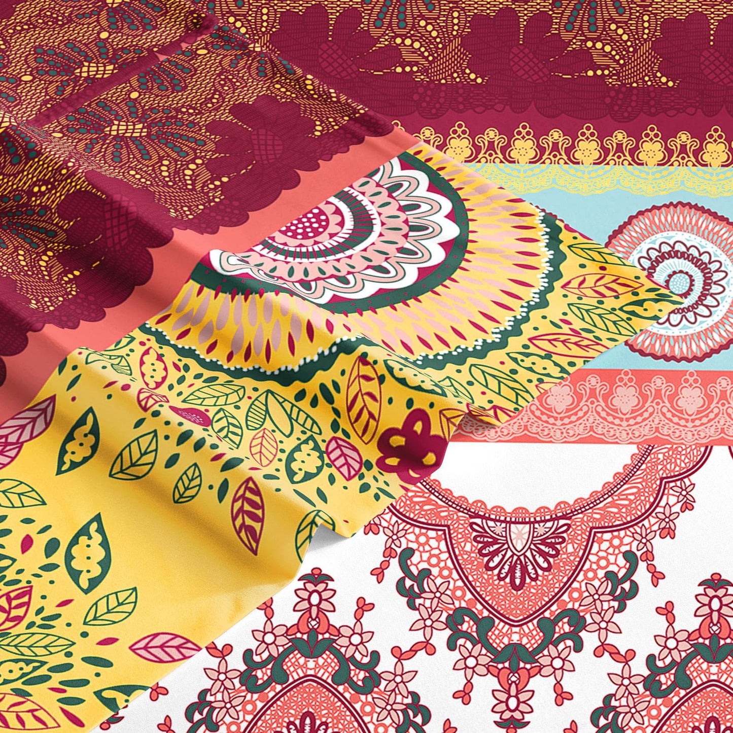 Wake In Cloud - Boho Bed Sheets, 4-Piece Sheet Set, Bohemian Chic Medallion Colorful Hippie Aesthetic Bedding, Deep Pocket, Burgundy, King Size