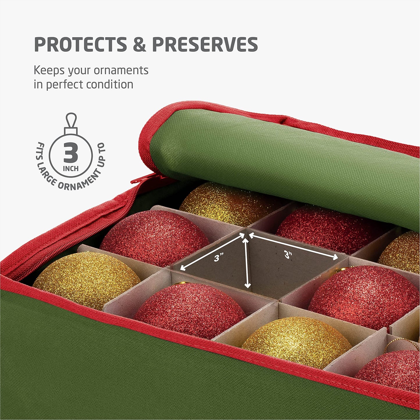 ZOBER Christmas Ornament Storage Box - Stores 64 3" Ornaments, With Dividers - Ornament Organizer Storage Box, Durable Christmas Containers Holder, Dual Zipper - Green
