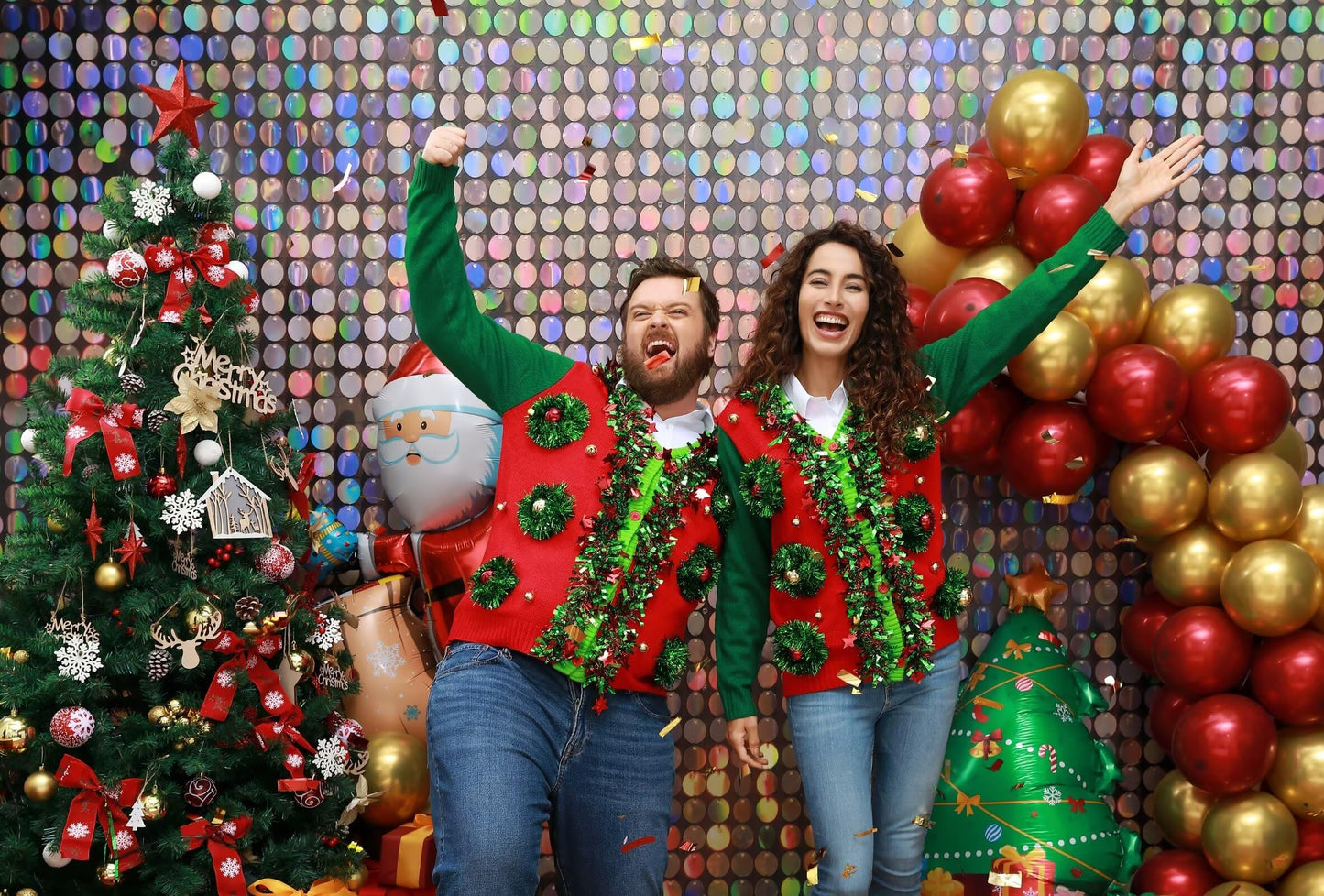 Ugly Christmas Sweater Unisex Funny Novelty Knit Pullover Men with Santa Reindder for Xmas PartyLargeTinsel Trim Colour Fest