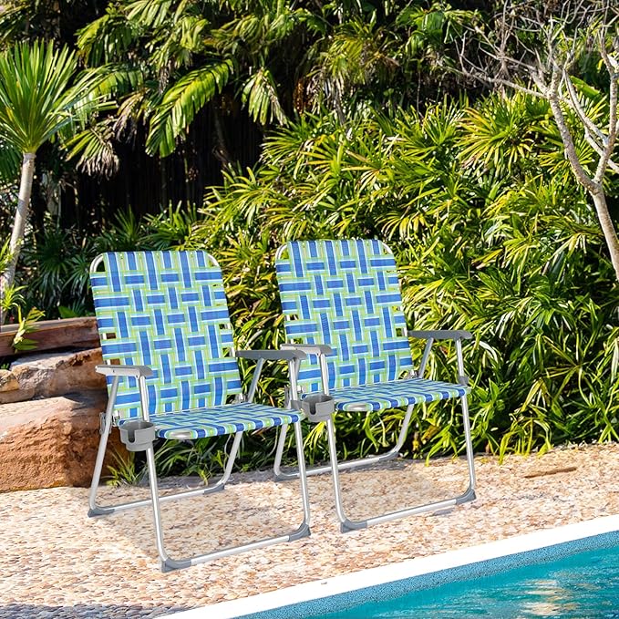 VINGLI Folding Aluminum Webbed Oversized Lawn Chairs with Detachable Cup Holder, 300LBS High Beach Chair for Adults Heavy Duty, Portable Patio Chair for Yard, Garden, 2 Pack,Blue/Green