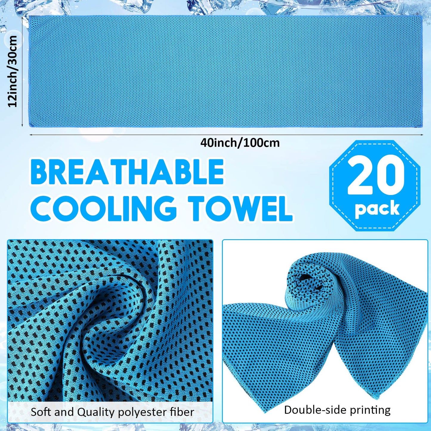 Redbaker 20 Pack Cooling Towel for Neck and Face Hot Weather 40'' x 12'' Soft Breathable Chilly Ice Towel with Bag Microfiber for Yoga Gym Men Women Workout Travel Camping(Light Blue)