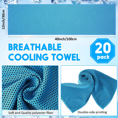 Redbaker 20 Pack Cooling Towel for Neck and Face Hot Weather 40'' x 12'' Soft Breathable Chilly Ice Towel with Bag Microfiber for Yoga Gym Men Women Workout Travel Camping(Light Blue)