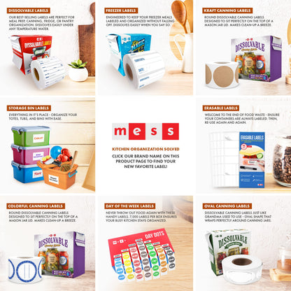 MESS Erasable Kitchen Labels, 96-Pack (1x3 & 1.5") – White Dry Erase Stickers for Pantry, Jars, Food Containers, Fridge & Freezer