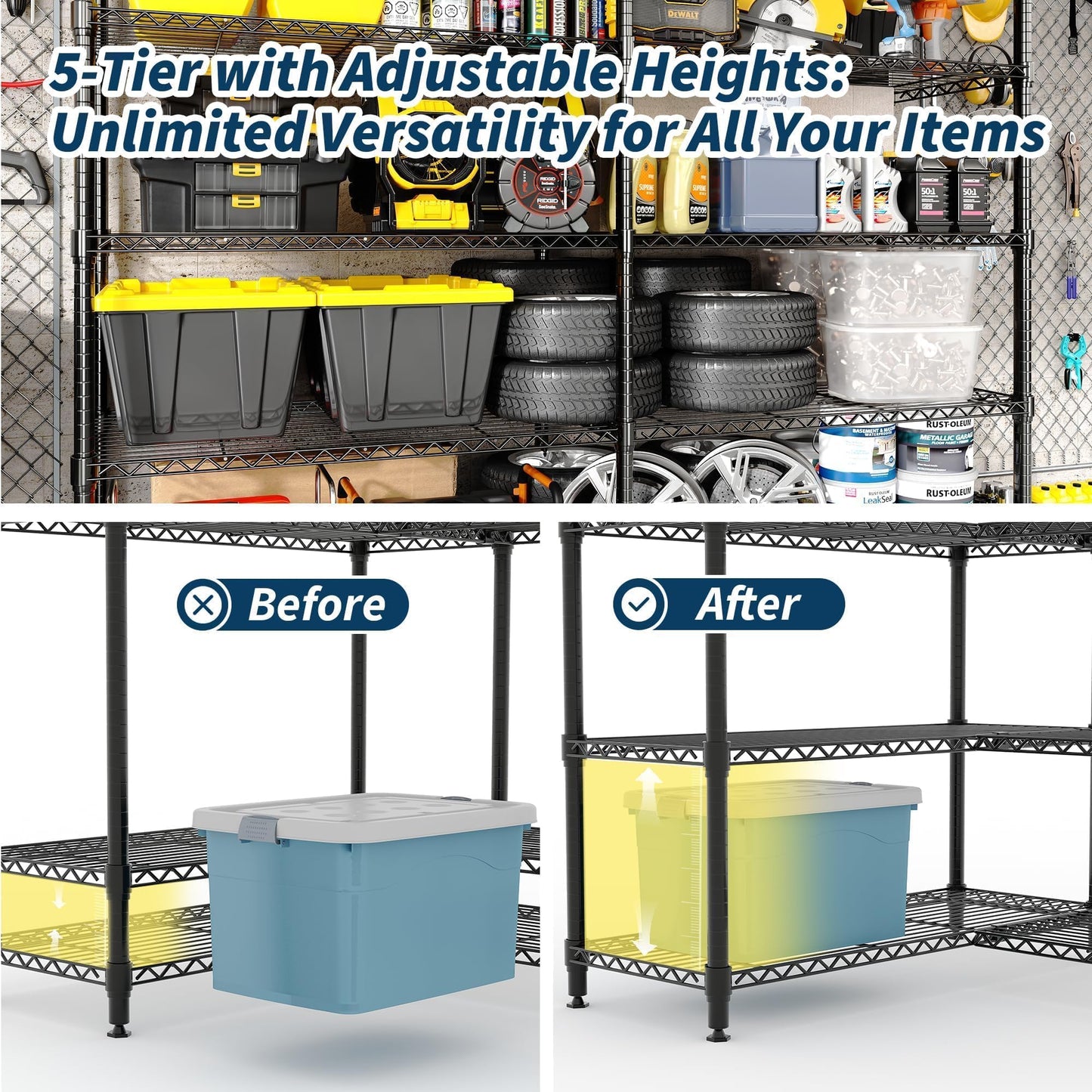 Garvee 71"Wide Storage Shelves Metal Shelving Units 5 Tier, Wire Shelving Rack 1325LBS Heavy Duty Adjustable for Storage, 71"W x 15.8"D x 70.5"H Standing Shelf Unit, for Kitchen Garage Pantry Basement