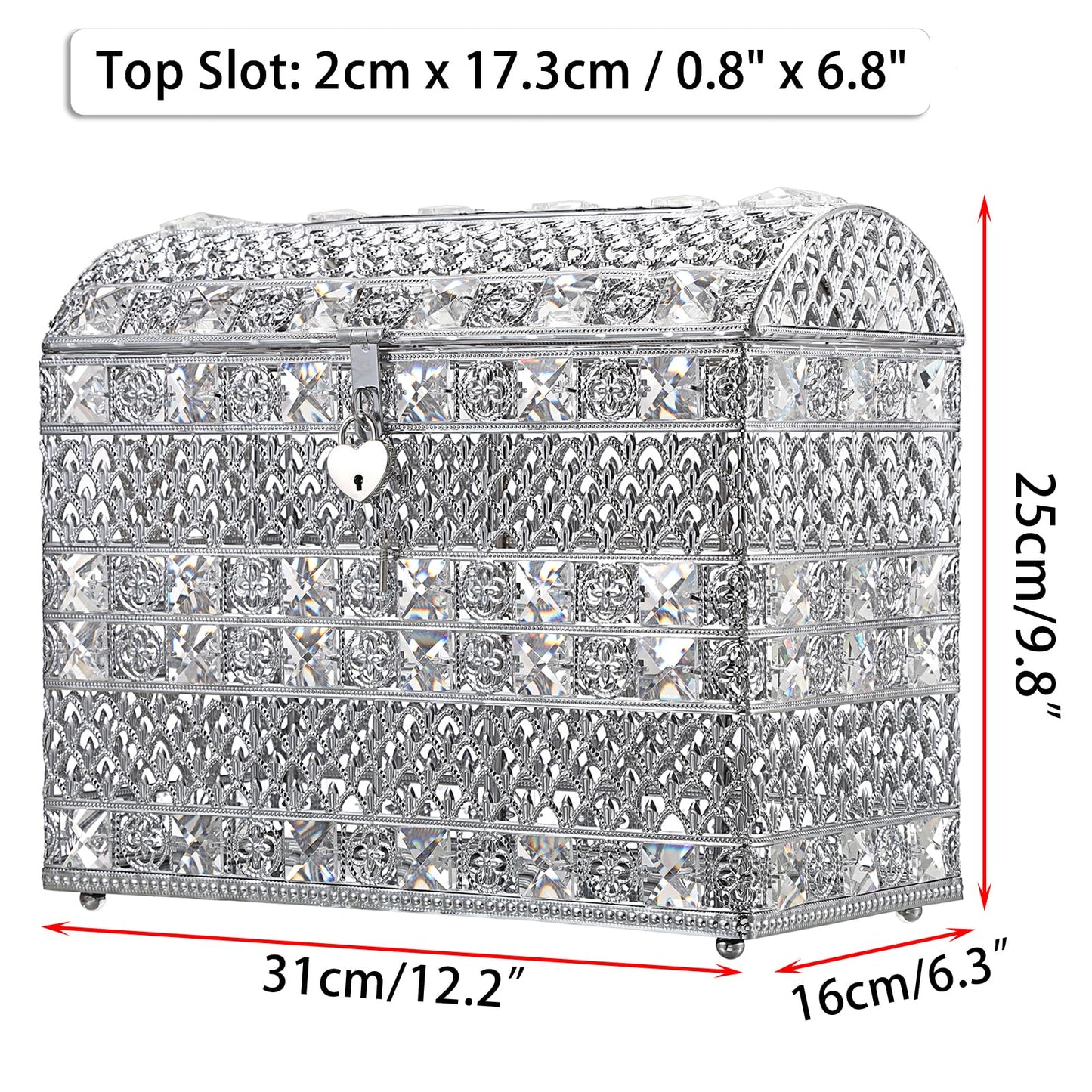 JUXYES Silver Sparkle Crystal Wedding Card Box With Lid for Reception, Gorgeous Treasure Chest Style Keepsake Envelope Box 12 Inches Large Card Receiving Box for Wedding, Reception, Birthday Party