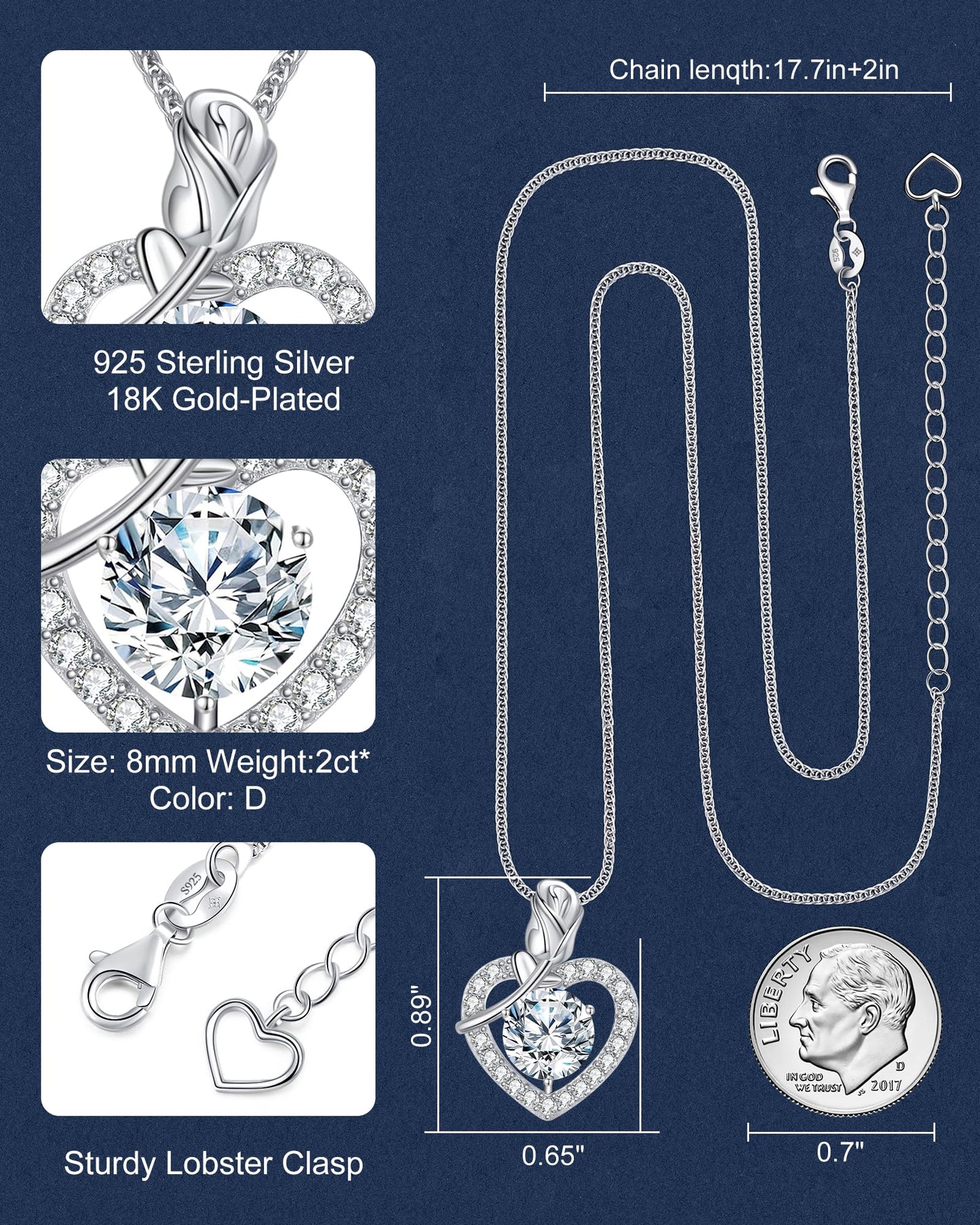 N9NEMUSES Rose Heart Pendant Necklace Gifts for Wife, 2 Carat Moissanite Necklace, 925 Sterling Silver Anniversary Birthday Gifts for Women, Jewelry Gifts for Wife Mom Daughter