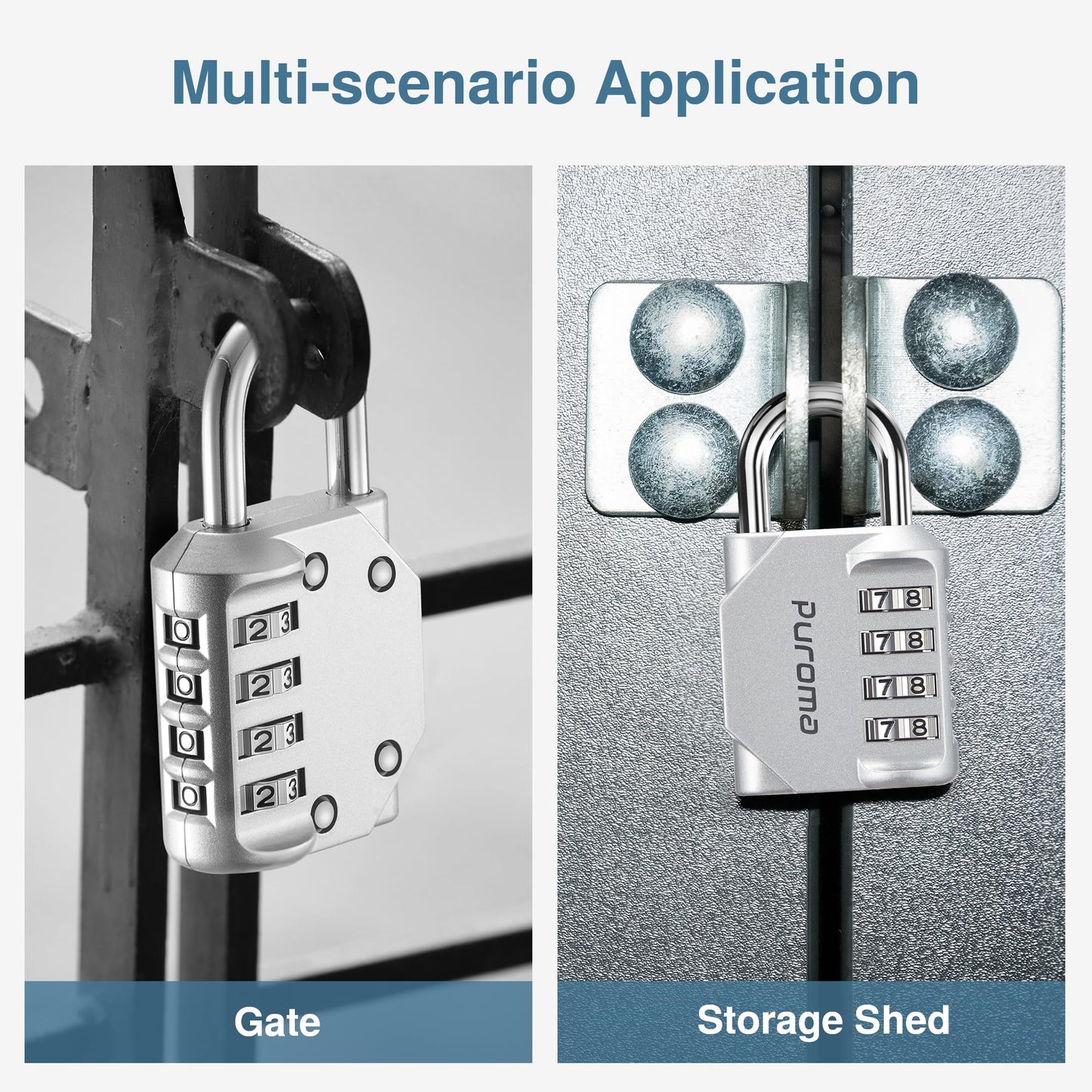 Puroma 2 Pack Combination Lock for Locker 4 Digit Outdoor Waterproof Padlock for School, Gym, Sports, Fence, Toolbox, Gate, Case, Outdoor, Hasp Storage, Cabinets (Silver)