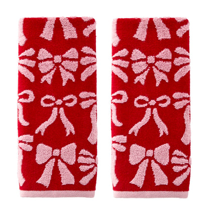 SKL Home Bow Jacquard 100% Cotton Premium 2-Piece Hand Towel Set, 500 GSM, Reversible, Soft & Absorbent, Everyday/Christmas/Winter/Valentine's, Decorative for Bath/Kitchen/Bar, Red/Pink