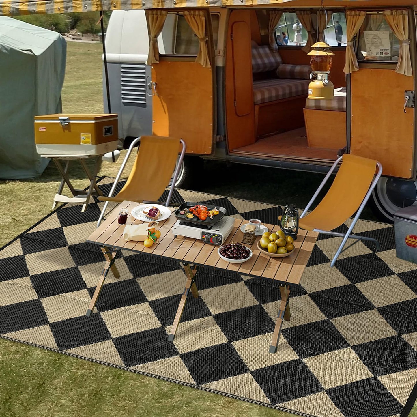 GarveeLife 10x14 Outdoor Rug for Patio Reversible, Plastic Straw Rug Waterproof Camping Rug Portable, Foldable Lightweight Mat for RV, Patio, Backyard, Deck, Picnic, Beach (Black/Offee)