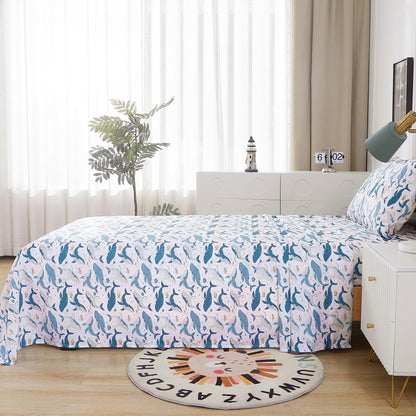 lasoftan Kids Sheet Set Twin Size, Twin Sheet Set with Marine Whales Pattern，Breathable Silky Soft Microfiber Kids Fitted Sheet