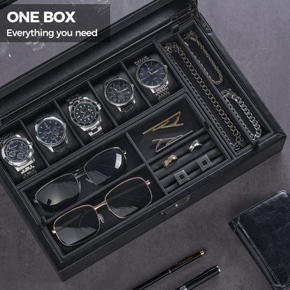 ProCase Men's Jewelry Box, 5-Slot Wood Watch Display Case Jewellry Storage Organizer for Sunglasses Rings Accessories with Hidden Compartment, Watch Holder with Glass Lid, Gift for Men -Black