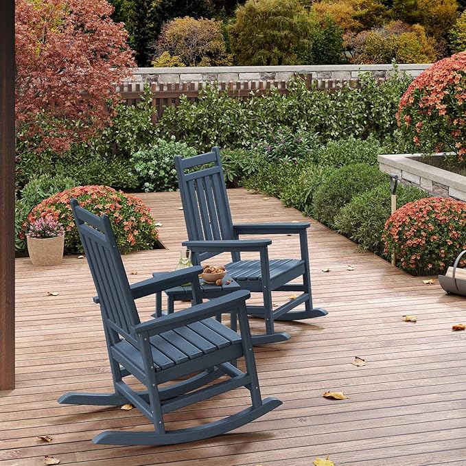 GarveeLife Poly Lumber Rocking Chair Outdoor Set of 2 with Side Table - HDPE High Back Porch Rocker Chairs for Adults - All Weather Resistant Furniture for Patio - Navy Blue