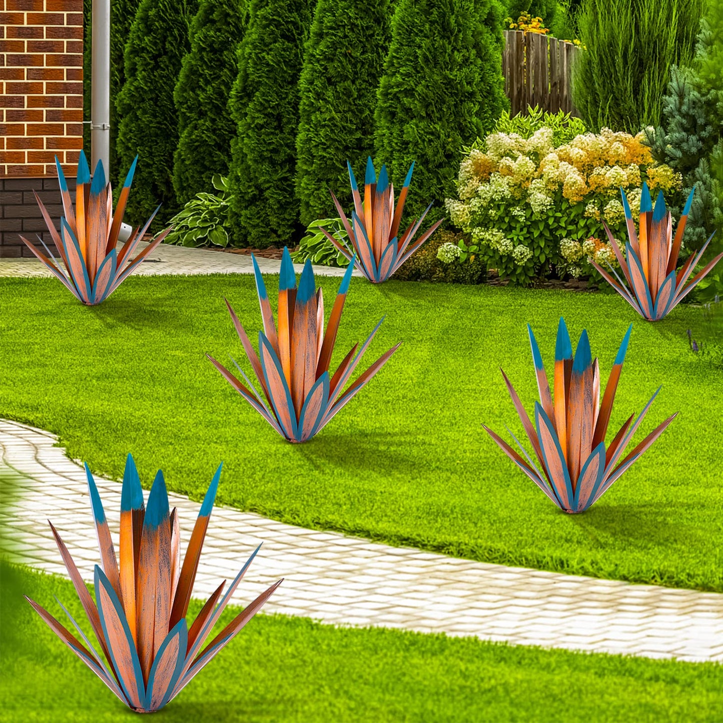 TOMBABY Large Leaf Thickened Metal Agave Plant Outdoor Decoration Desert Courtyard Art Plant Garden Decoration Outdoor Metal Art Floral Gift for Yard (2, Blue)