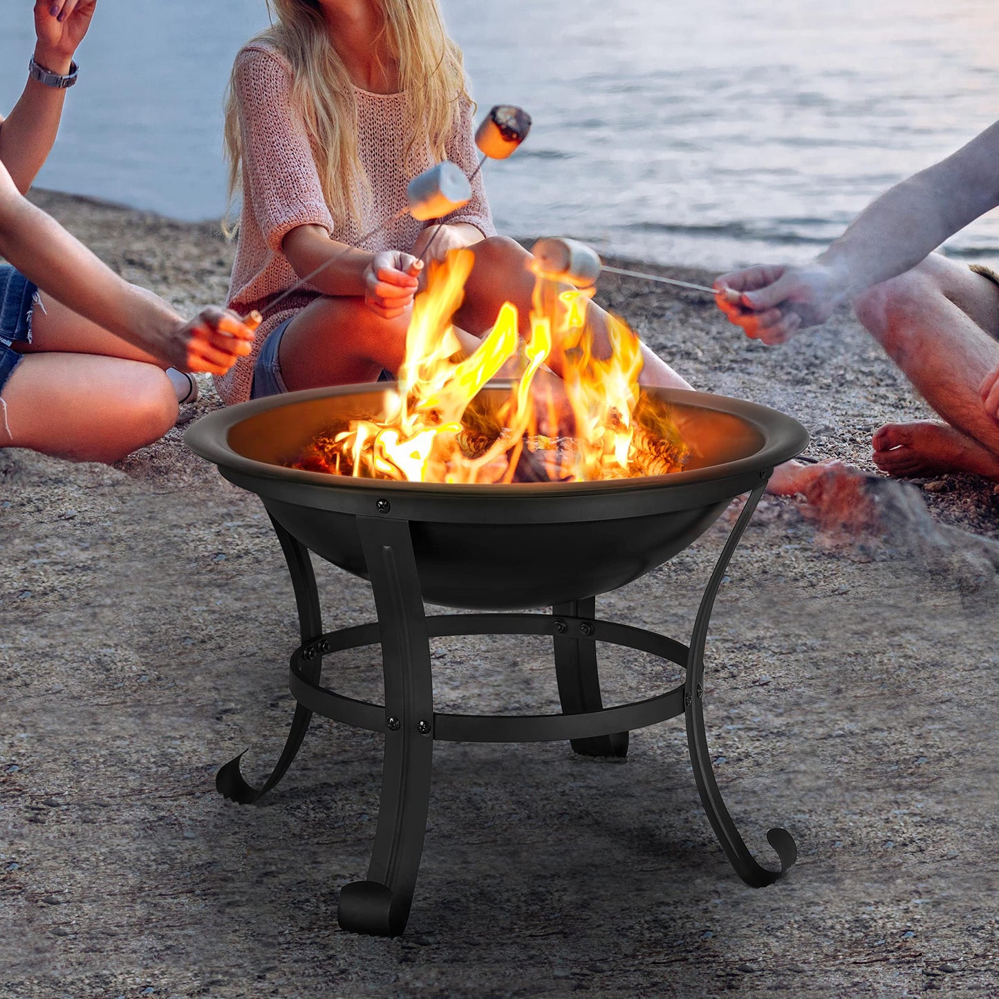 Yaheetech Round Steel Fire pit for Garden Fire Bowl Outdoor Fire Pit Charcoal Log Wood Burner Patio Heater with Mesh Screen Cover & Poker for Camping Bonfire Picnic