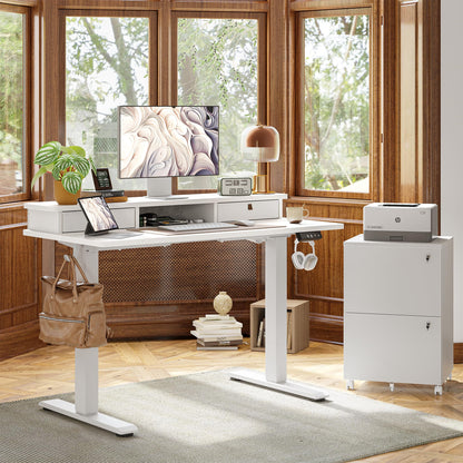 TIQLAB Standing Desk with Two Drawers, Stand Up Standing Desk Adjustable Height, Electric Sit Stand Table with Storage Shelf and Splice Board, 55 * 24 inch, White