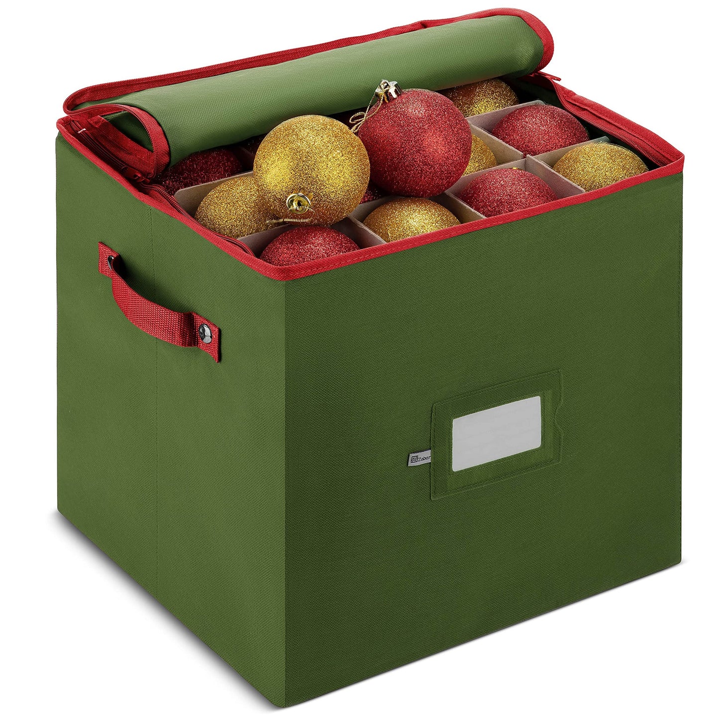 ZOBER Christmas Ornament Storage Box - Stores 64 3" Ornaments, With Dividers - Ornament Organizer Storage Box, Durable Christmas Containers Holder, Dual Zipper - Green