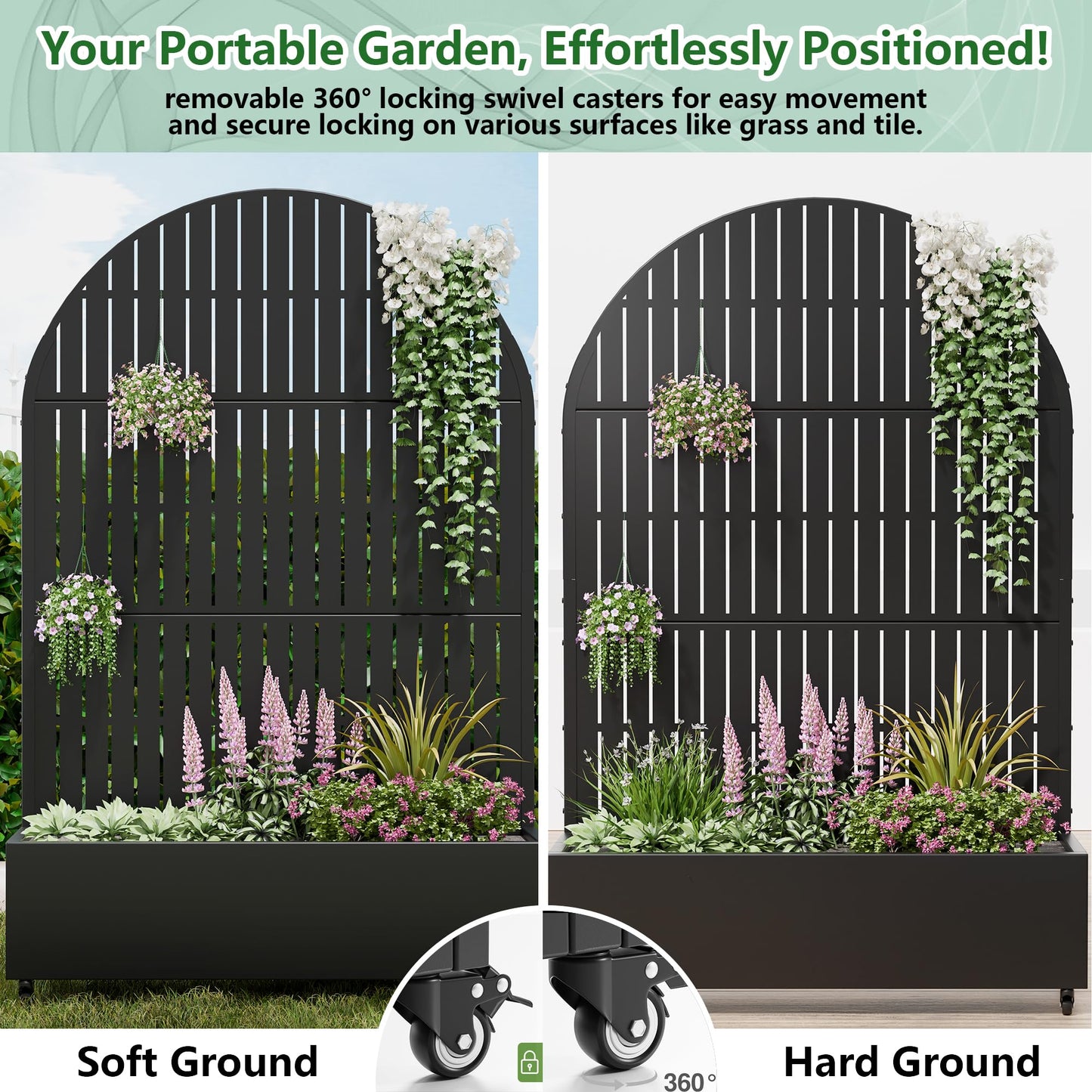 Casaphoria Raised Garden Bed Metal Planter Box with Trellis, 72"x47"x16" for Outdoor Climbing Plants, Flowers Vegetables and Vines Privacy Screen with Wheels and Drainage Holes(Black Vertical)