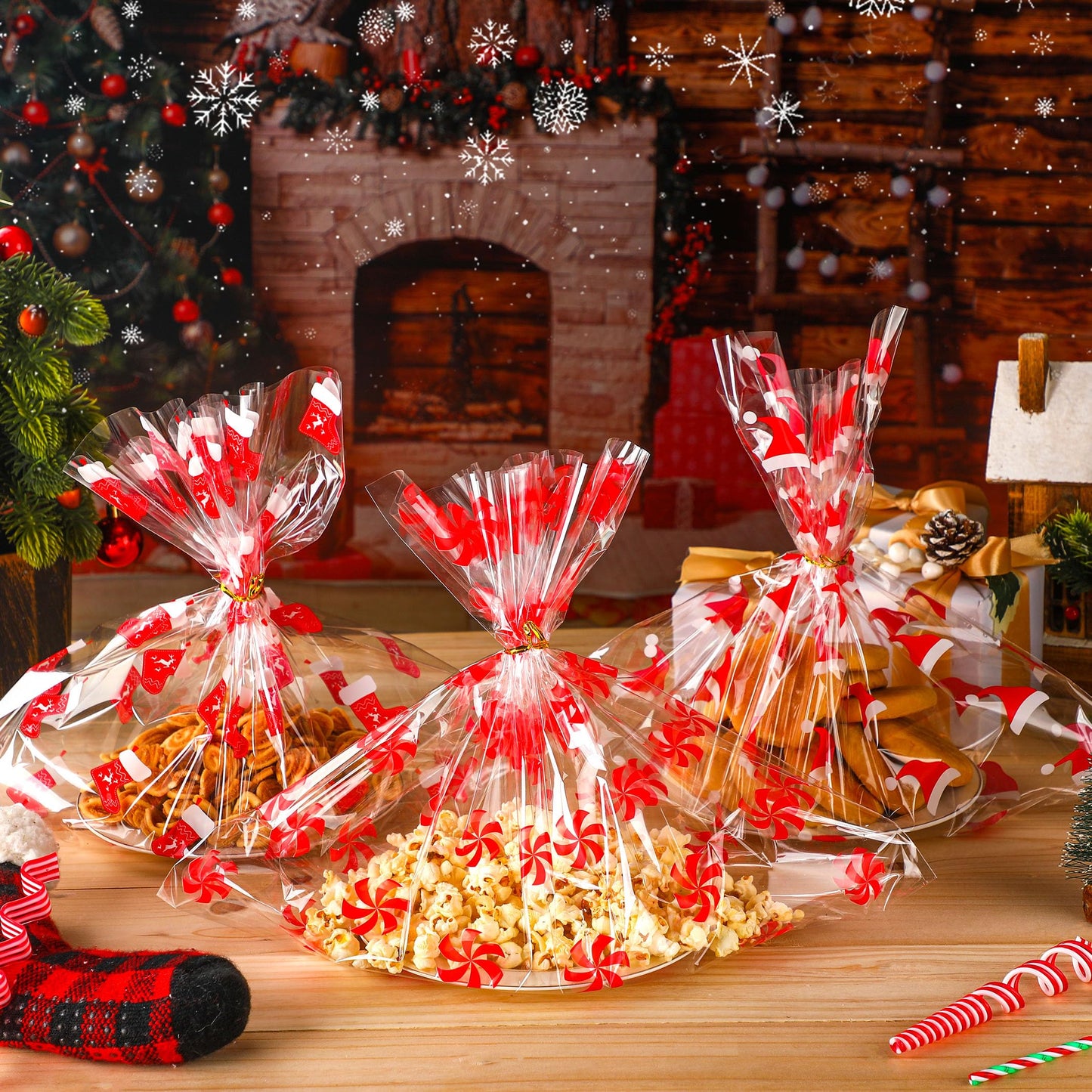 Yexiya 24 Pcs Christmas Cellophane Cookie Tray Bags 15" x 18" Clear Cello Serving Tray Bags with Twist Ties for Cookie, Treats, Gift Wrap or Display Winter Xmas Theme Party Supplies(8 Styles)