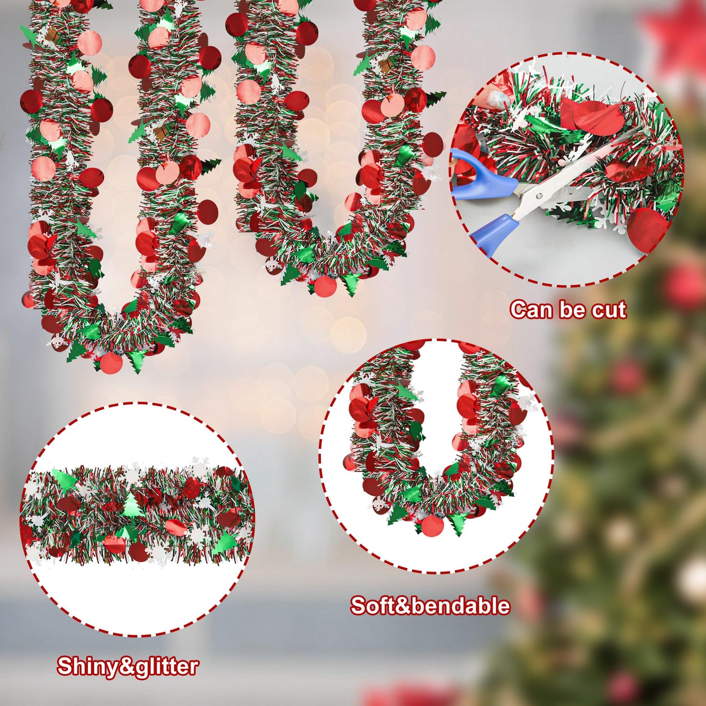 39ft Christmas Tinsel Garland Decorations Xmas Tree Glitter Metallic Twist Garland with Snowflake Hanging Decor for Mantel Stairs Home Indoor Outdoor Party Supplies