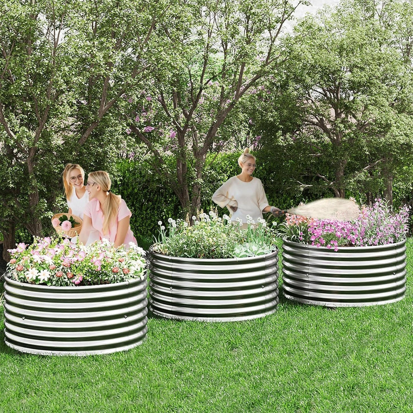 CATMANOR 4 Pack 3x3FT Round Corrugated Galvanized Steel Raised Garden Bed Outdoor, Metal Above Ground Garden Bed for Vegetables and Flowers, Raised Beds for Gardening-3x3FTx10Inch