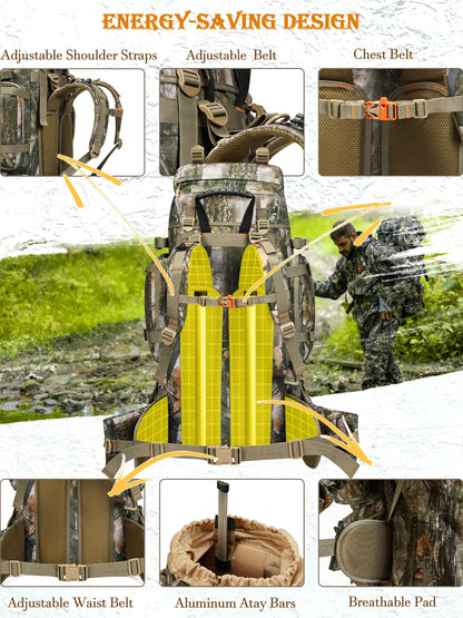 NEW VIEW 80L Hunting Backpack with Waterproof Rain Cover & Hunting Fanny Waist Pack with Chest Pack for Men
