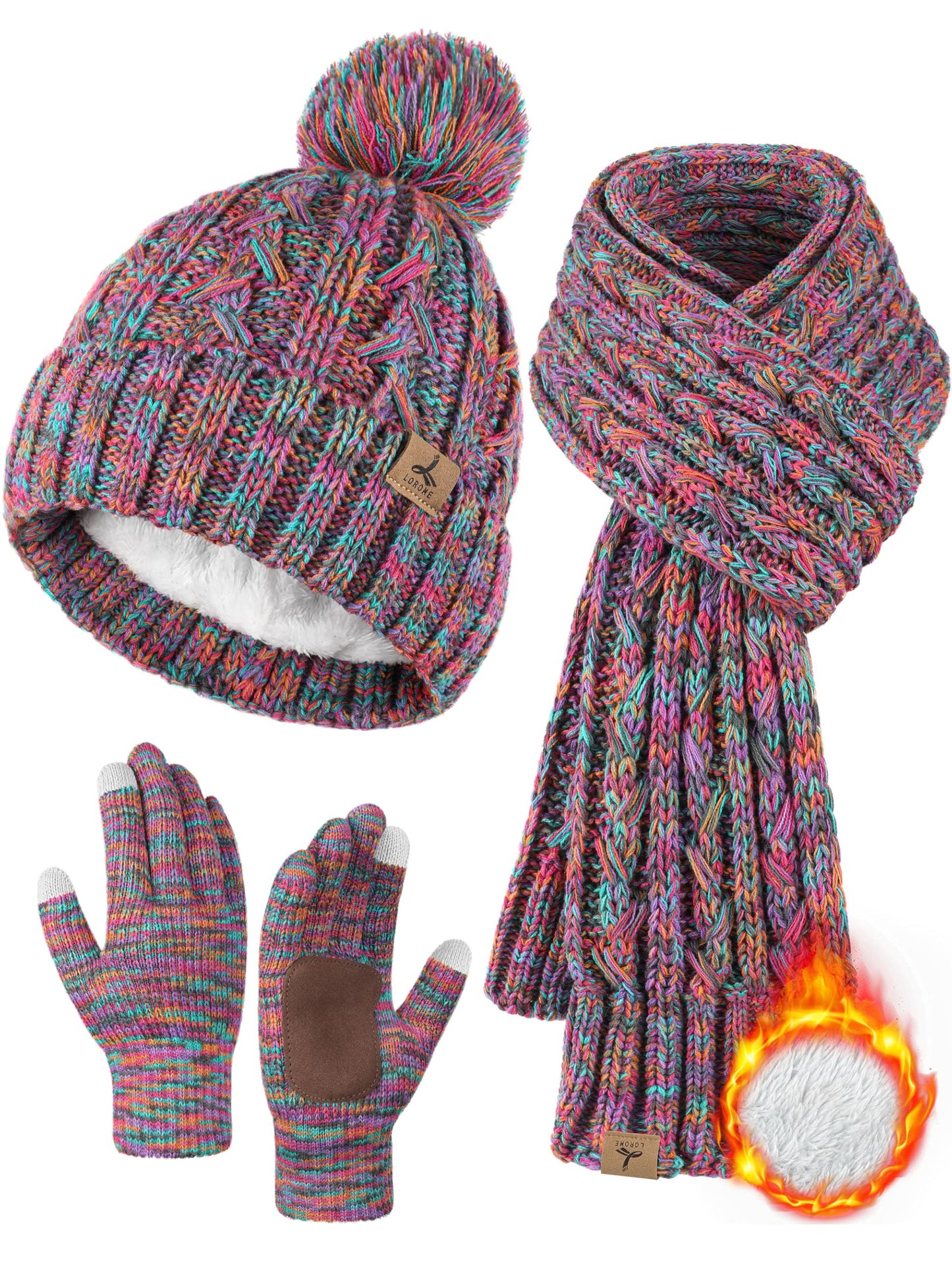 Winter Hat Scarf Gloves Set,Fleece Lined Pom Pom Beanie Hat Warm Knit Long Scarf Touchscreen Gloves Winter Gifts for Women