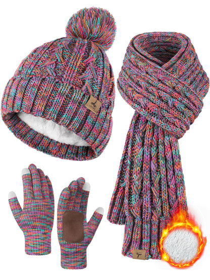 Winter Hat Scarf Gloves Set,Fleece Lined Pom Pom Beanie Hat Warm Knit Long Scarf Touchscreen Gloves Winter Gifts for Women