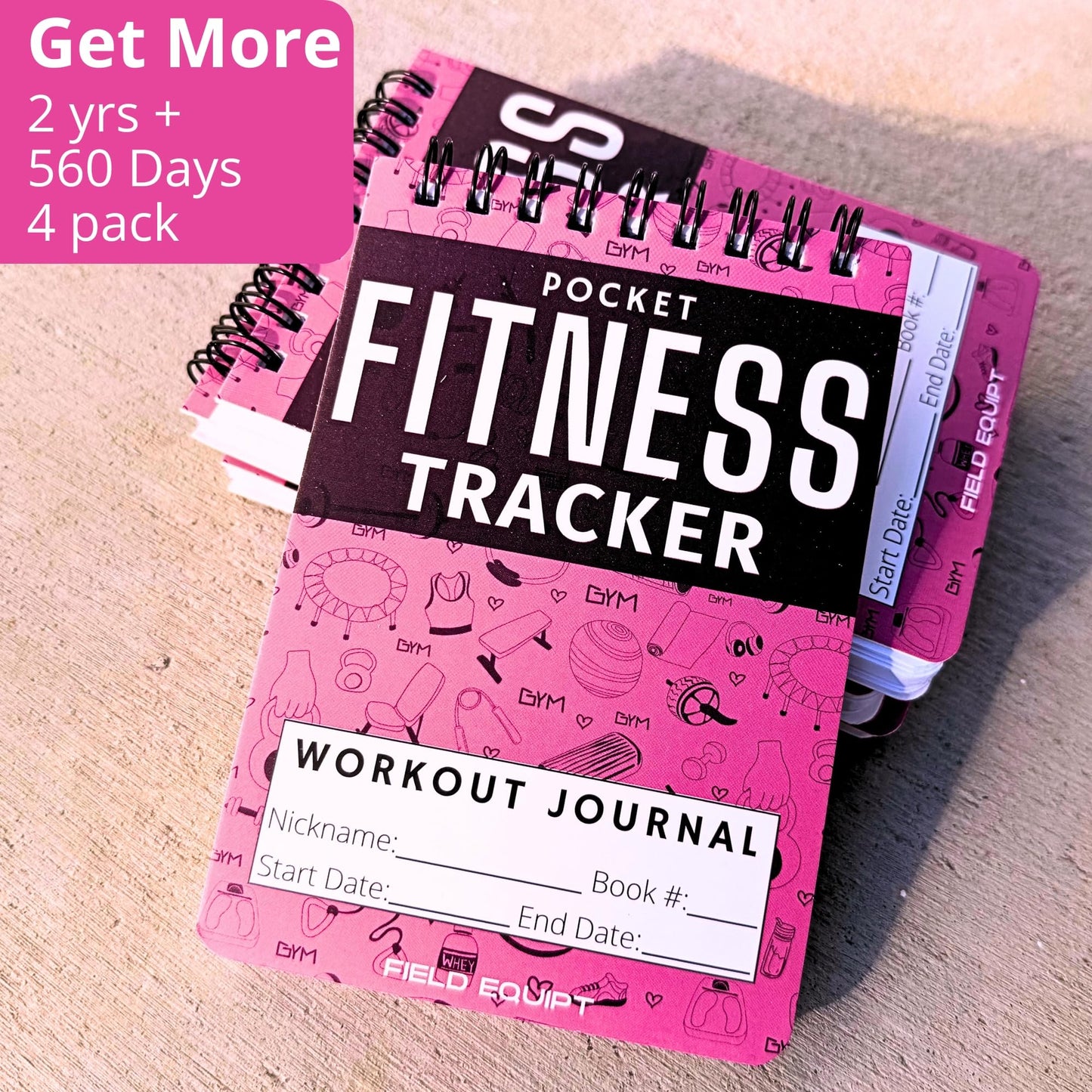 Field Equipt Gym Workout Journal & Fitness Tracker (4 Pack), Handheld Workout Log Book for Women & Men - Ideal for Weightlifting, Cardio, Athletes & Coaches On the Go (Pink)