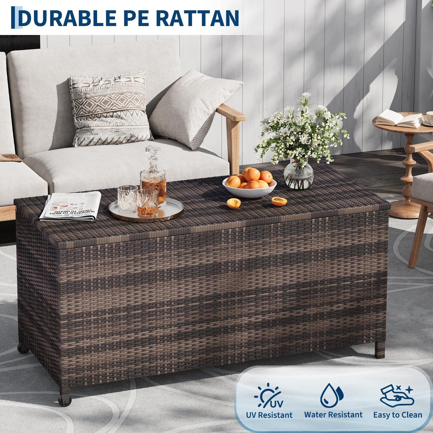 125 Gallon Outdoor Wicker Deck Box, All-Weather Waterproof Patio Storage with PE Rattan Finish & Steel Frame, for Cushions, Garden Tools, Pool Supplies, Lockable Brown Storage Box with Soft-Close Lid